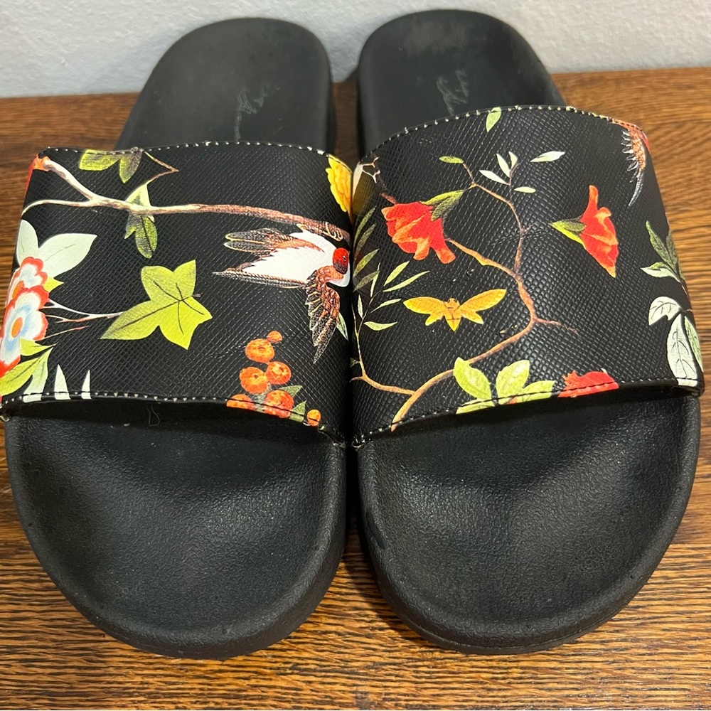 Maui Black Women’s Slide Sandals Flowers & Birds Print Size 9